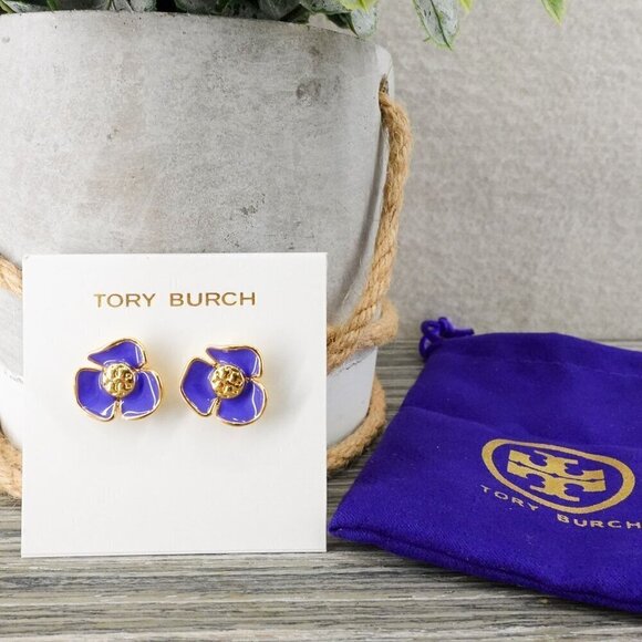 Tory Burch Fleur Flower Stud Earrings Purple OS - Picture 7 of 14